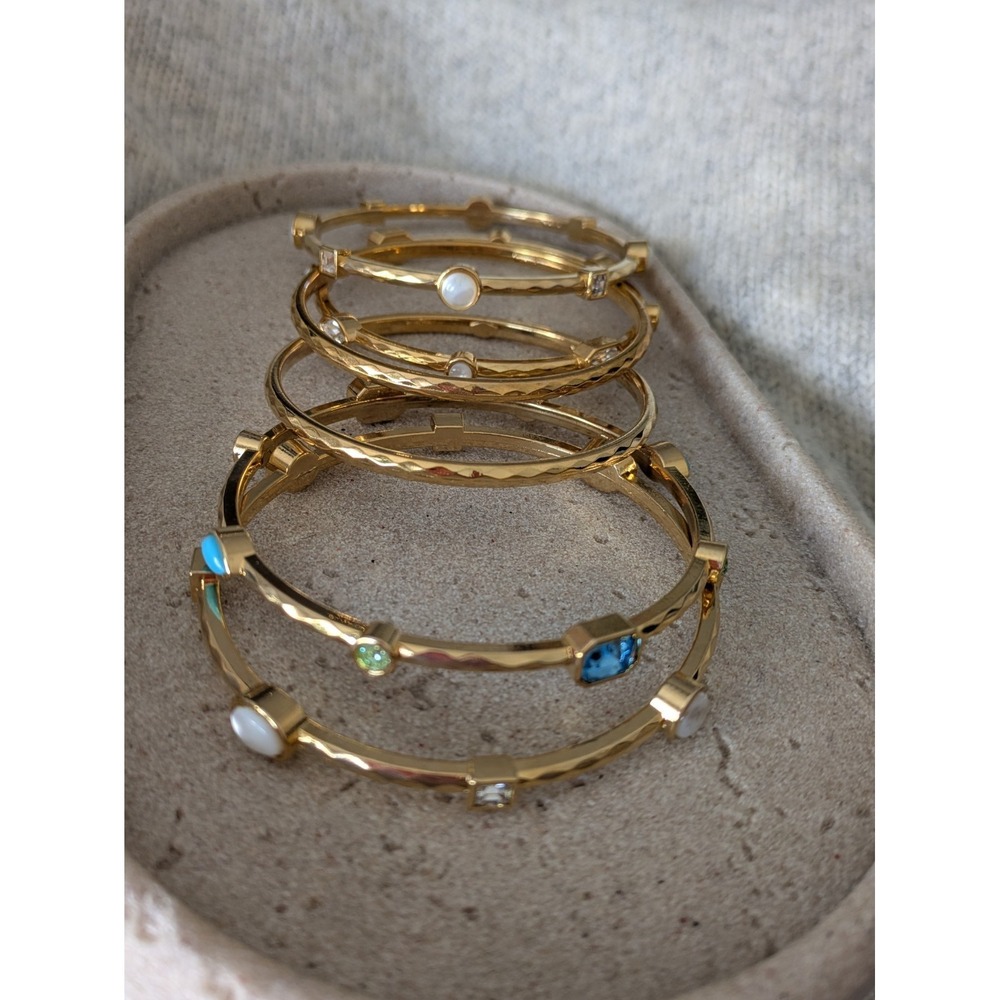 Bangle Bracelet Set Of 6 Gold Tone Bezeled Rhinestones Hammered Heavyweight